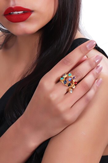 LABALABA Women's Antique Yellow Plated Crystal Cut Stone Detailed Rainbow Model Adjustable Ring