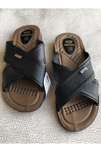GEZER 12598 Black Men's Comfortable Soft Orthopedic Sole Leather Model House Slippers