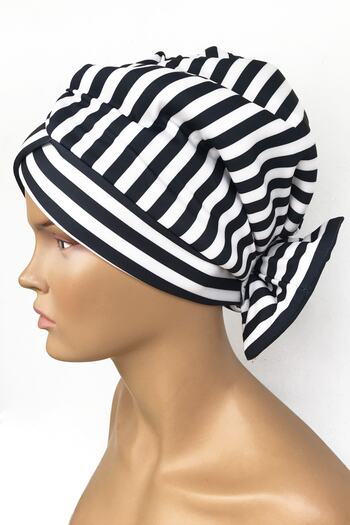 Vera Bone Mihrace Ready Turban Black and White Striped Cross Banded Lined Filled Bow Hijab Bonnet