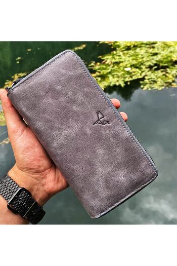 Garbalia Handmade Vintage Leather Gray Clutch Bag with Phone Compartment Wallet Card Holder