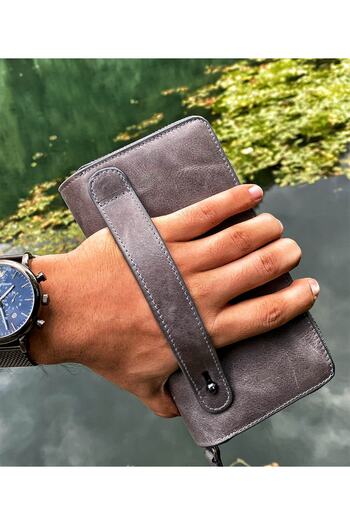 Garbalia Handmade Vintage Leather Gray Clutch Bag with Phone Compartment Wallet Card Holder