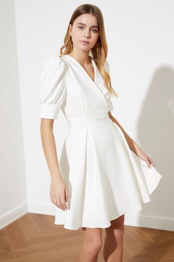 Trendyol Collection White Double Breasted Neck Skater/Waist Opening Mini Woven Dress Twoss20El1639