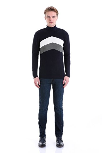 Hatemoğlu Lacivert Slim Fit Desenli Pamuklu Balıkçı Yaka Triko Kazak