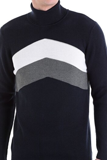 Hatemoğlu Lacivert Slim Fit Desenli Pamuklu Balıkçı Yaka Triko Kazak