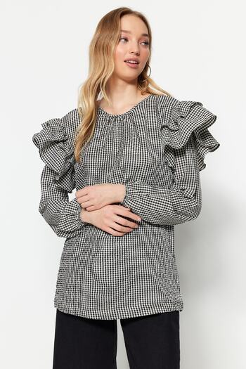 Trendyol Modest Černé rukávy Tkaná tkaná tunika Gingham TCTSS23UK00014