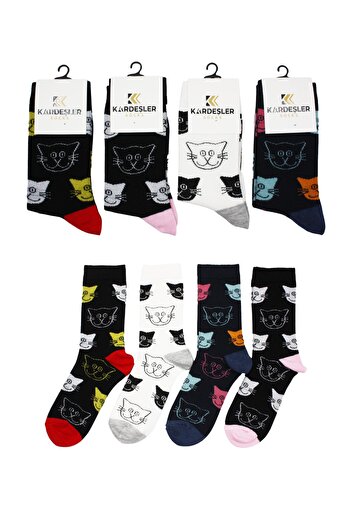 KARDEŞLER ÇORAP Unisex Βαμβακερές κάλτσες με σχέδιο γάτας Σετ 4 τεμαχίων