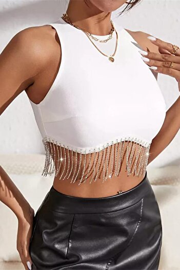 missamour Women's White Waist Chain and Stone Detailed Crop Blouse