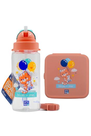 Gıpta Blue-Me Tritan Water Bottle with Straw + Patterned Nutrition Container Set