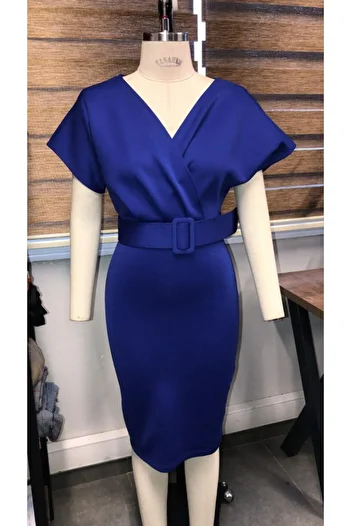 rengamoda Rochie de mireasă de absolvire cu centură din stofă Saks de damă albastru