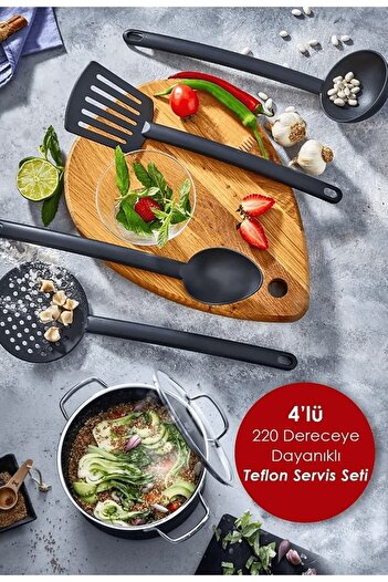 Fevito Practical Fireproof Non-Stick Teflon Serving Set Durable Ladle Colander Spatula Spoon 4-Piece Black