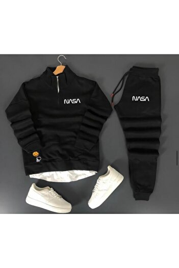 NewCabin Unisex NASA εμπριμέ σορτς με μισό φερμουάρ και μαύρο βαμβακερό παντελόνι φούτερ σετ κάτω επάνω 2 τεμαχίων