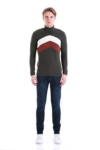 Hatemoğlu Haki Slim Fit Desenli Pamuklu Balıkçı Yaka Triko Kazak