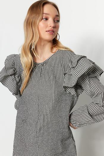 Trendyol Modest Černé rukávy Tkaná tkaná tunika Gingham TCTSS23UK00014