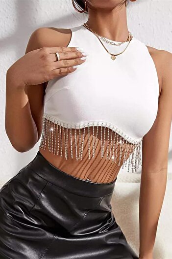 missamour Women's White Waist Chain and Stone Detailed Crop Blouse