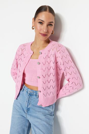 Trendyol Collection Ροζ διάτρητο/διάτρητο Crop/κοντό πλεκτό 2 τμχ Μπλούζα-Ζακέτα TWOSS23HI00000