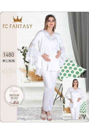 Fantasy Fc 1115 Irene Ecru Color Winter Long Sleeve Maternity Pajamas Set with Dressing Gown
