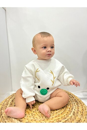 Alingo Baby Unisex Green Pompom Ecru Sweatshirt Romper