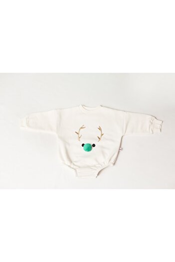 Alingo Baby Unisex Green Pompom Ecru Sweatshirt Romper