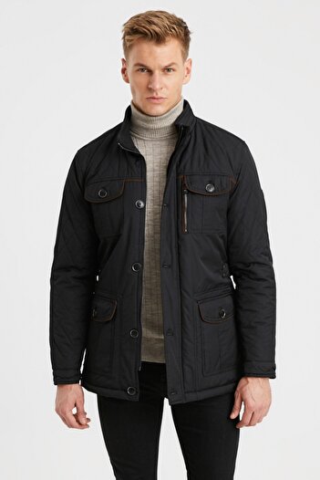 DYNAMO Men's Black Faux Fur Lined Waterproof Coated Thick Coat
