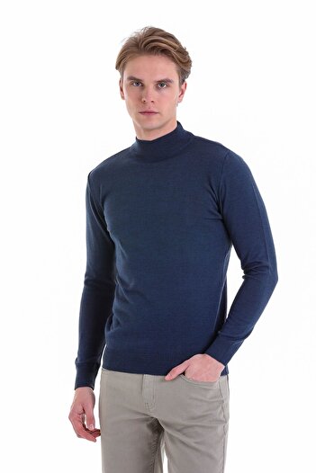Hatemoğlu Indigo Regular Fit Plain Half Turtleneck Wool Knitwear Sweater