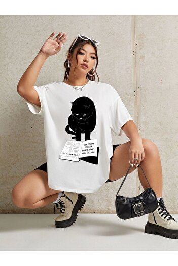 Benisengiydir Women's White Cat Printed Crew Neck Tshirt