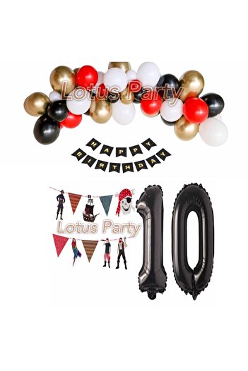 LOTUS PARTY 10 Year Old Pirate Themed Balloon Set - Red - Black - Gold - White Balloon Pirate Banner - Black Figure