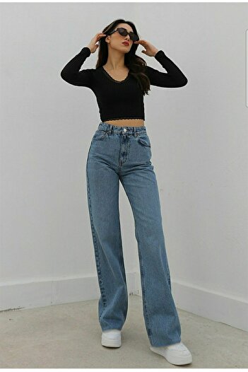MAKRAS EXCLUSIVE Hot Women Ikon Blue Snow Wash Lycra Super High Waist Loose Jean Trousers. (super High.)
