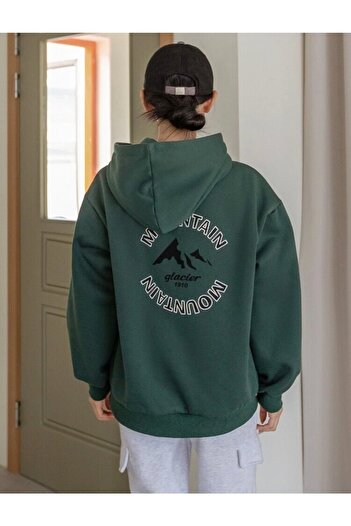 AFROGİYİM Women's Green Mountain Printed Three Thread Fleece Hoodie