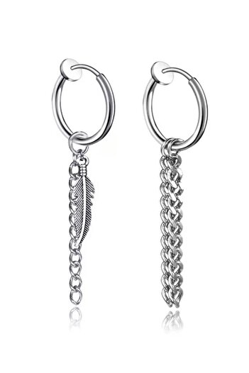 Jaida Moda Unisex Silver Feather And Chain Dangle Compression Non-perforated Steel Earrings