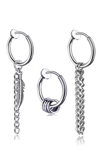Jaida Moda Unisex Gray 3 Pieces Steel Hoop Earrings for Non-Perforated Ears
