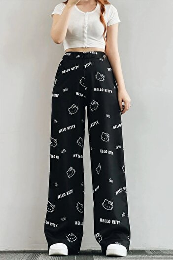 Gofeel Black Colored Hello Kitty Collage Unisex Wide Leg Sweatpants
