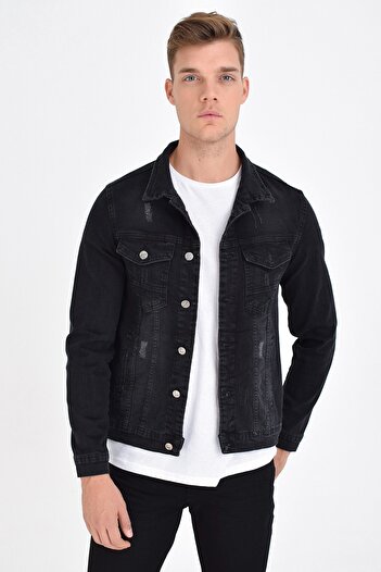 DYNAMO Men's Black Slim Fit Lycra Denim Jacket