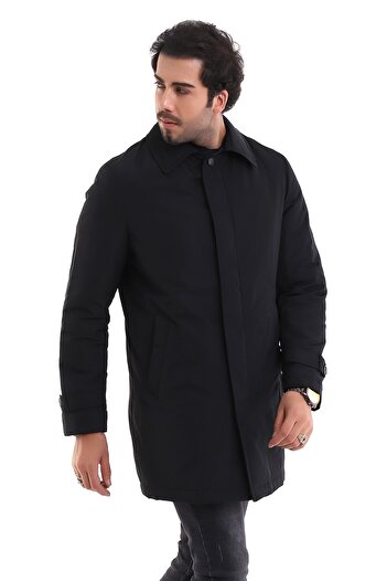 By Karaaslan Men's Black Classic Navy Blue Winter Thick Top Coat Short with Detached Zipper