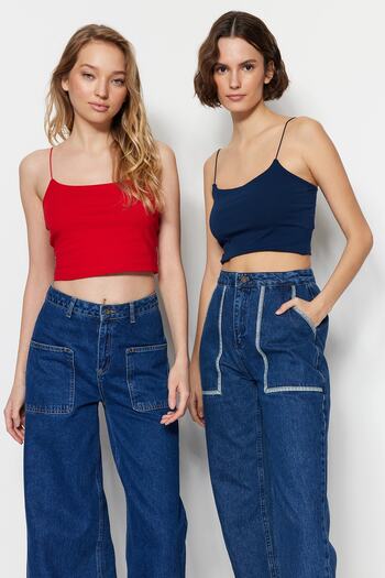 Trendyol Collection Navy Blue-Red 2 Pack Cotton Spaghetti Strap Crop Flexible Knitted Tank Top TWOSS21AL0196