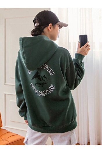 AFROGİYİM Women's Green Mountain Printed Three Thread Fleece Hoodie