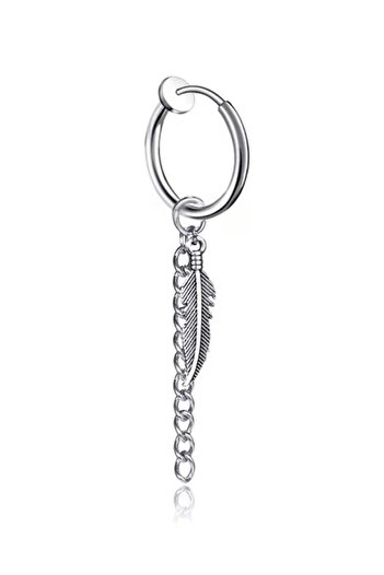 Jaida Moda Unisex Silver Color Feather Dangle Compression Non-perforated Steel Earrings