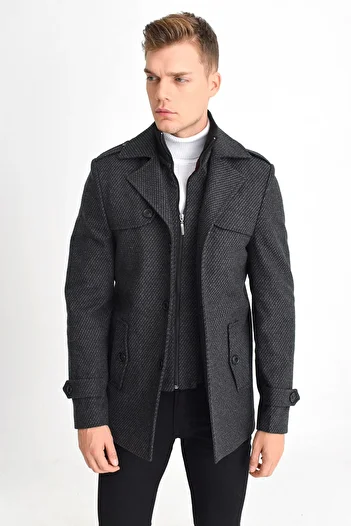 DYNAMO Men's Anthracite Wool Blended Patterned Coat with Zipper and Button Closure