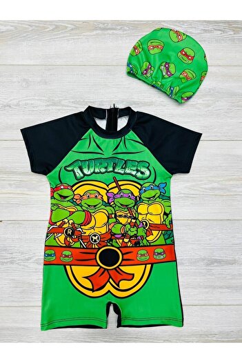 pistyle Boy's Turtles Patterned Green Full Body Swimsuit and Bone, Pack of 2