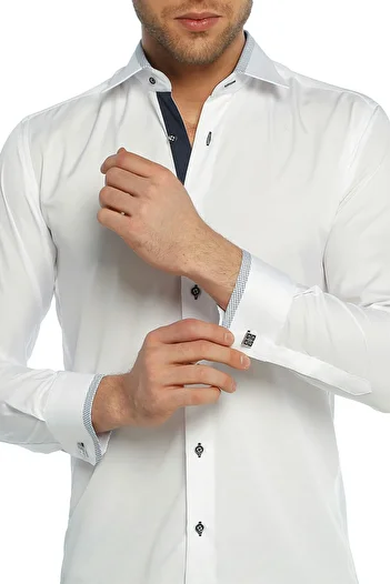 Dicotto Slim Fit White Men's Shirt with Micro Fabric Cufflinks - 200-3 Navy Blue Combination