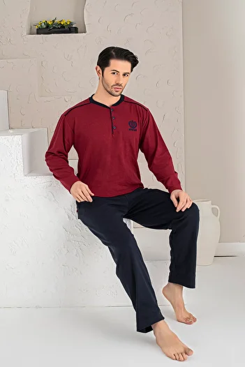 MİRELLA Men's Claret Red M Embroidered Long Sleeve Single Jersey Fabric Knitted Pajama Set