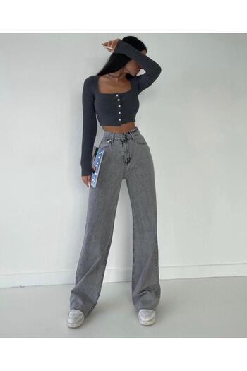 LAMİRA Anthracite Black Palazzo Pants with High Waist and Lycra - Wide Leg with Snow Wash