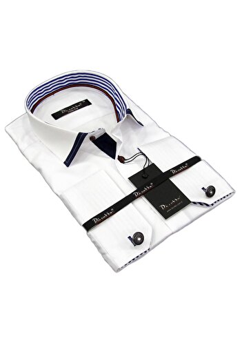 Dicotto Slim Fit White Men's Shirt with Micro Fabric Cufflinks - 200-1 Navy Blue Combination