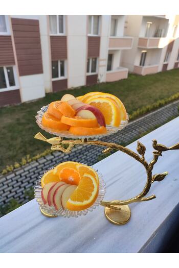 süslühome Gold Plated Bird Figured 2 Layer Glass Fruit Holder Turkish Delight Cookie Holder Luxury Presentation 13 cm