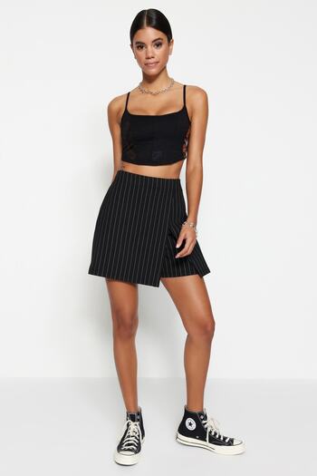 Trendyol Collection Black Smart Striped Mini High Waist Knitted Shorts Skirt TWOSS23SR00076