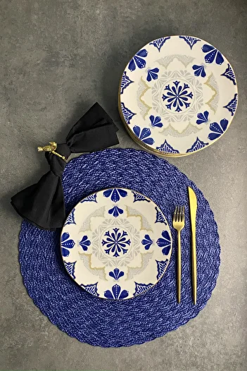 porselenden Bluer Matte Gold Gilded 21 Cm Cake Plate Set for 6 Persons