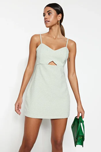 Trendyol Collection Green Checkered Window Detailed Strappy Mini Woven Jumpsuit TWOSS22TU0277