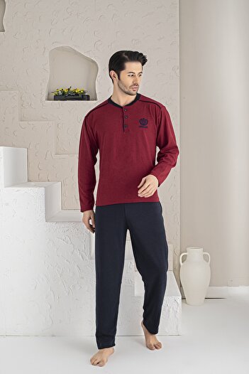 MİRELLA Men's Claret Red M Embroidered Long Sleeve Single Jersey Fabric Knitted Pajama Set