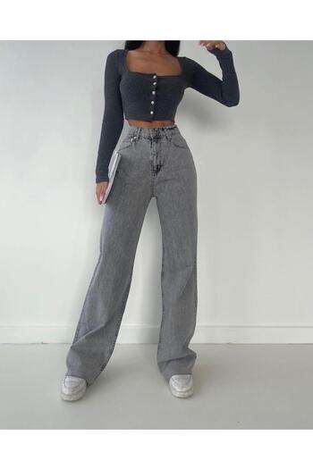 LAMİRA Anthracite Black Palazzo Pants with High Waist and Lycra - Wide Leg with Snow Wash