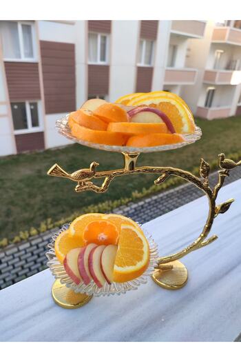 süslühome Gold Plated Bird Figured 2 Layer Glass Fruit Holder Turkish Delight Cookie Holder Luxury Presentation 13 cm