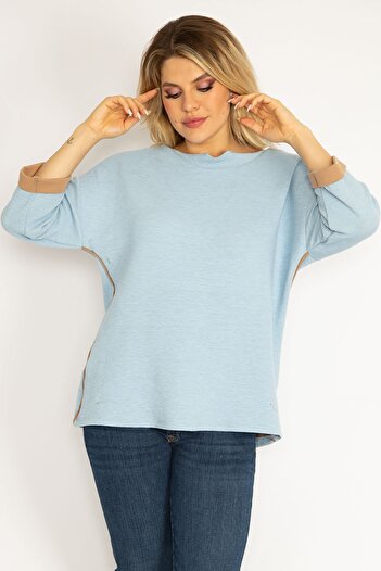 Şans Women's Large Size Blue Piping Detailed Capri Sleeve Sweatshirt 65n35390
